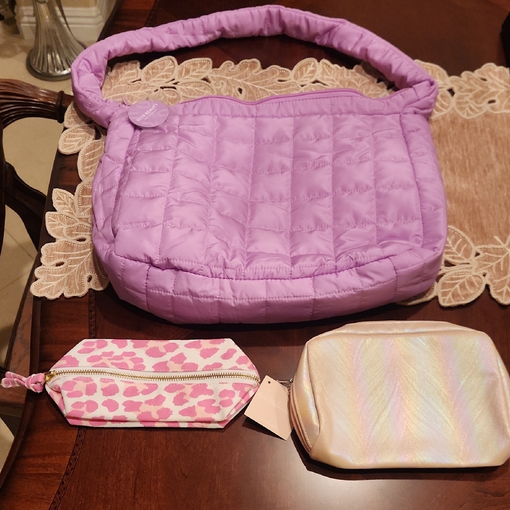 Purple Quilted Shoulder Tote with Pink and Iridescent Pouches